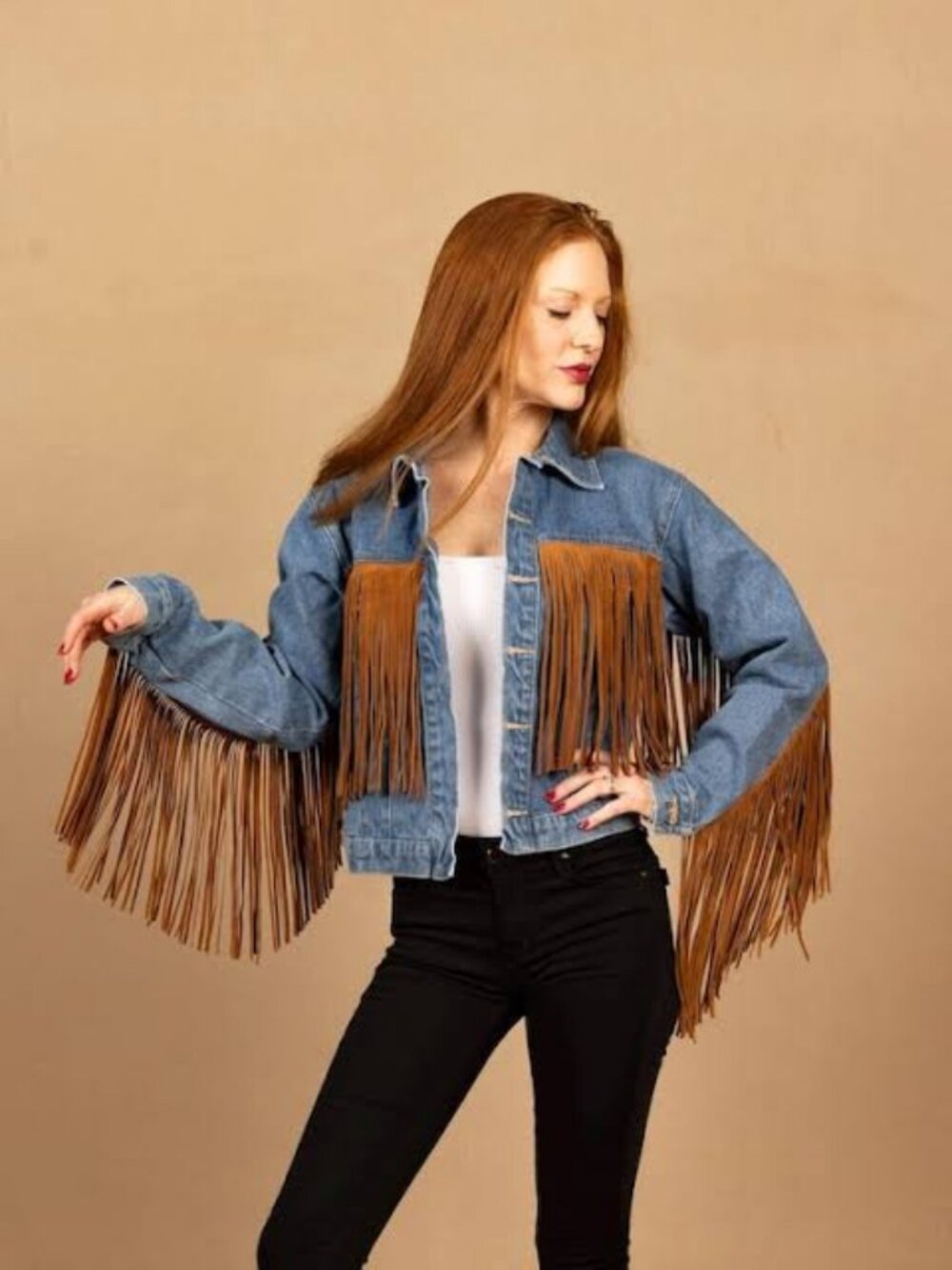 IDEAS (Guatemala) Vintage Denim Fringed Leather Western Cowgirl Jacket Blazer